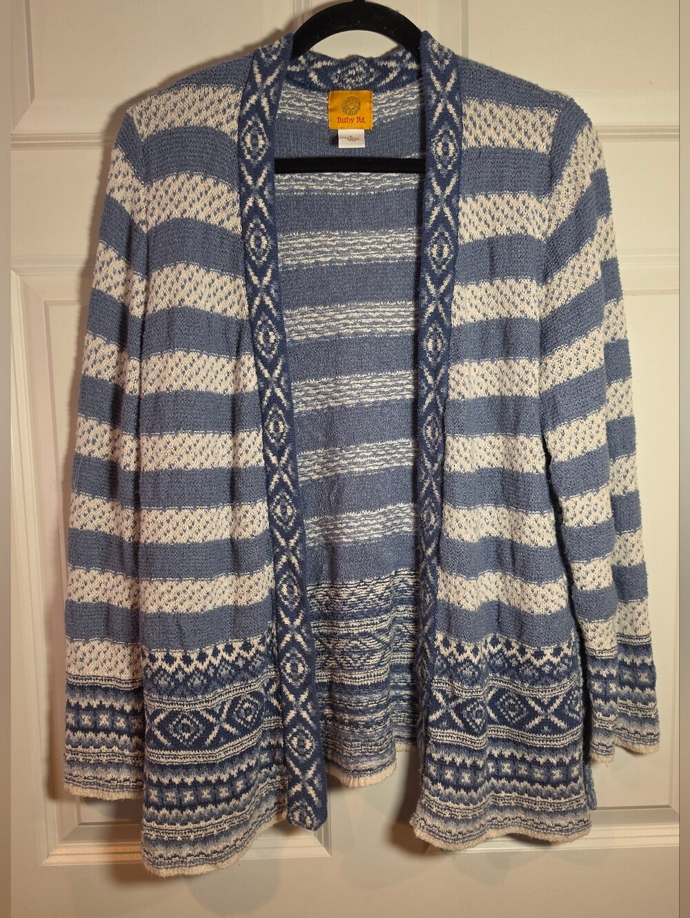 Ruby Rd Acrylic Blend Blue & White Striped Open Cardigan Sweater L